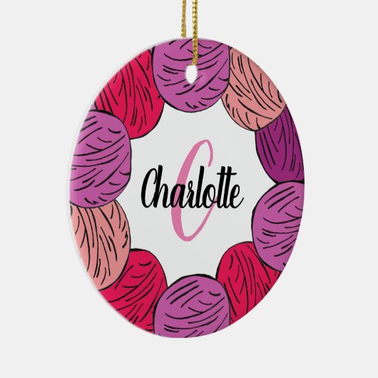 編み物パープル&ピンクウールギフト セラミックオーナメント (右)