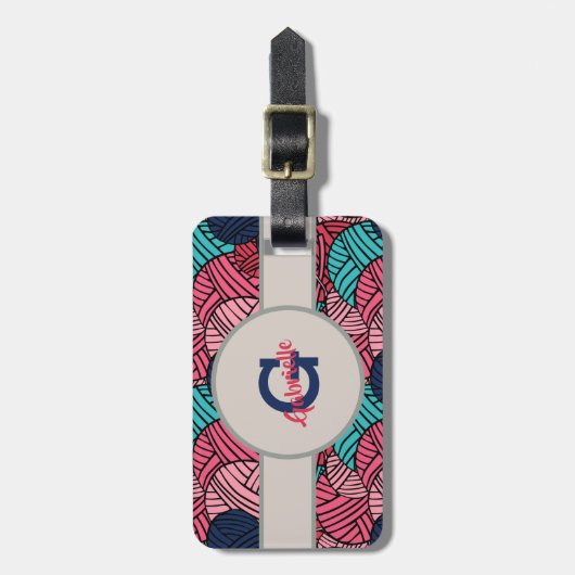 編み物ヤーンの球が付いているモノグラム-旅行 ラゲッジタグ (正面縦)