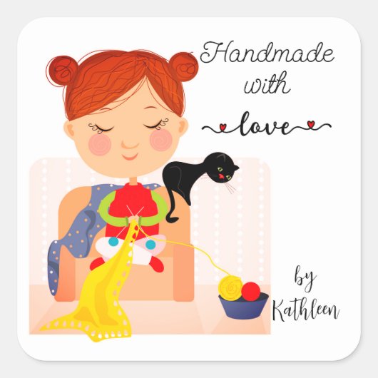 編み物ラブステッカーで手作りパーソナライズされた スクエアシール (正面)