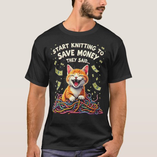 編み物始めようって言ったよね 面白い Tシャツ (正面)
