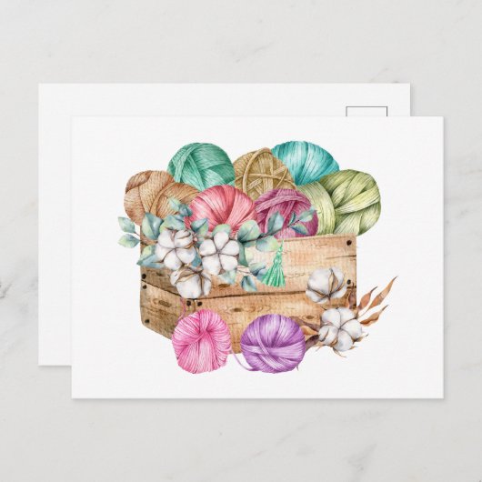 編み物糸と綿花が詰まった箱 ポストカード (正面/裏面)