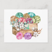 編み物糸と綿花が詰まった箱 ポストカード (正面)