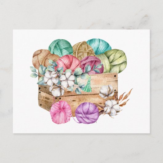編み物糸と綿花が詰まった箱 ポストカード (正面)