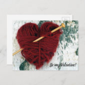 編み物針の写真とのかわいいウールのハート シーズンポストカード (正面/裏面)