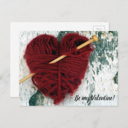 編み物針の写真とのかわいいウールのハート シーズンポストカード (正面/裏面)