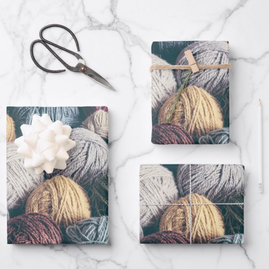 編み物、かぎ取り羊毛糸玉 ラッピングペーパーシート (正面)