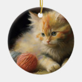 編み糸でオレンジ遊色の子猫を起こす セラミックオーナメント (正面)