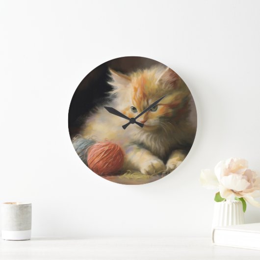 編み糸の大きな時計とオレンジ色の子猫を起こす ラージ壁時計 (ホーム)