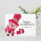 編み込みピンク帽子の雪だるま シーズンカード (スタンド正面)