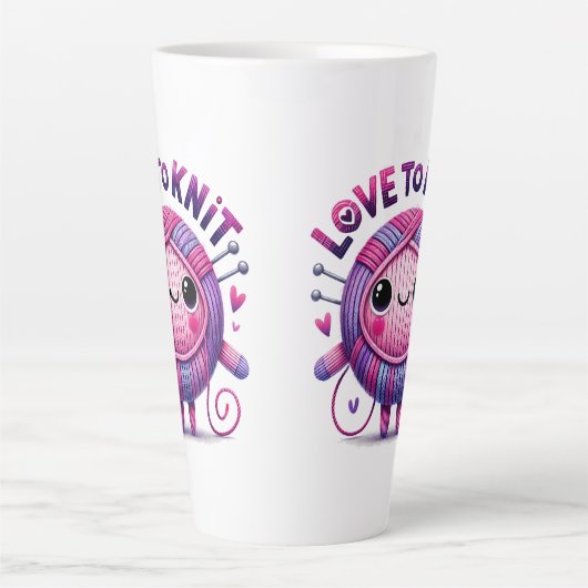 編む愛引用文かわいいピンク紫の玉の糸 カフェラテマグ (正面)