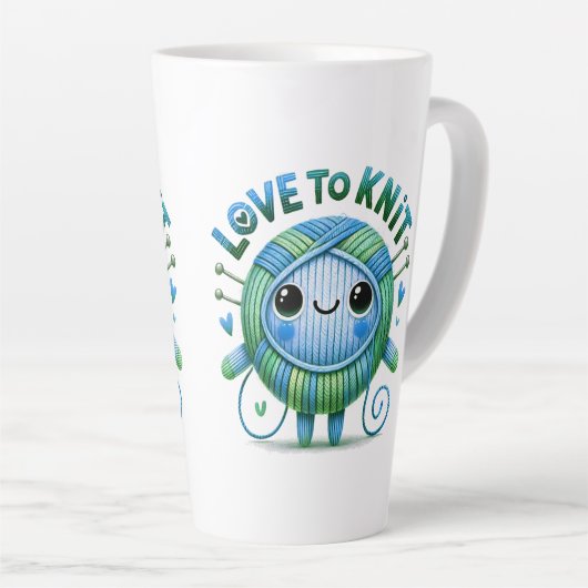 編む愛引用文かわいい青い緑のボールの糸 カフェラテマグ (右アングル)