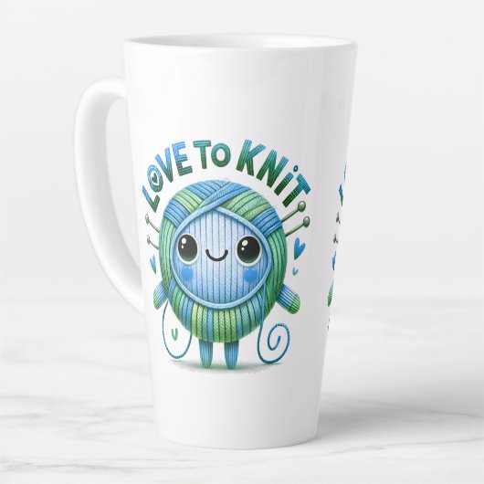 編む愛引用文かわいい青い緑のボールの糸 カフェラテマグ (左アングル)