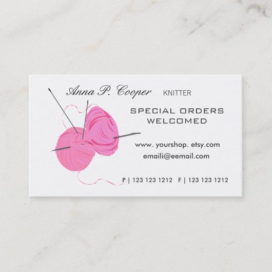 編機械ピンクのかわいいヤーンの球及び針の#makers 名刺 (正面)