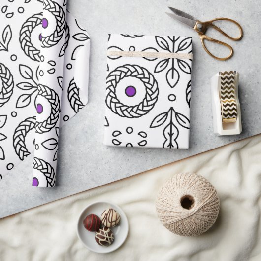 編組マンダラ及び葉のモチーフの包装紙 ラッピングペーパー (クラフト)