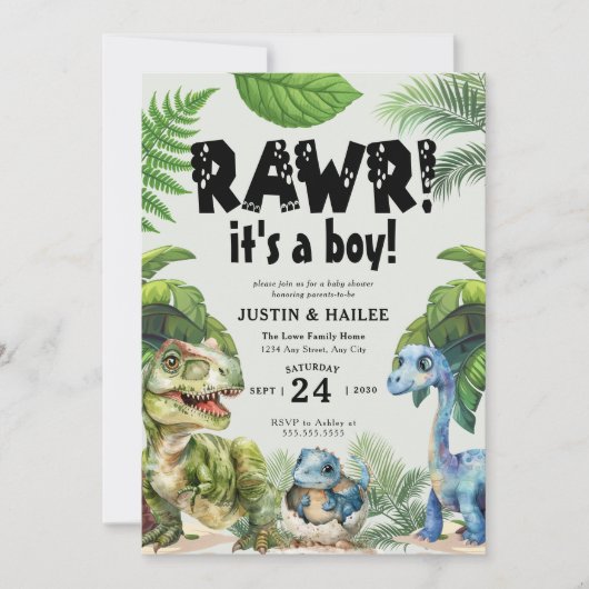 編集が可能な少年の恐竜の赤ちゃんシャワー 招待状 (正面)