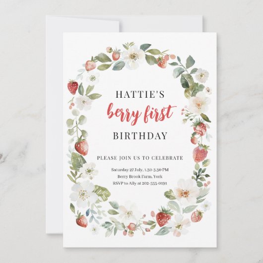 編集可能いちご1st誕生日パーティの招待状 招待状 (正面)