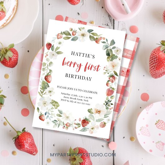 編集可能いちご1st誕生日パーティの招待状 招待状