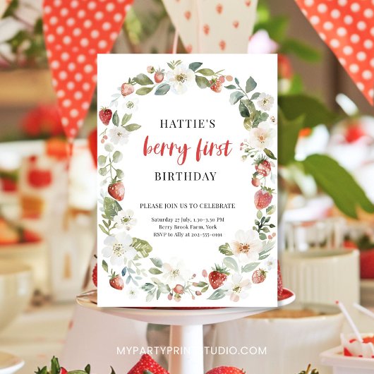 編集可能いちご1st誕生日パーティの招待状 招待状