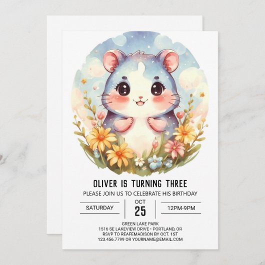 編集可能お洒落ハムスター誕生日 招待状 (正面/裏面)