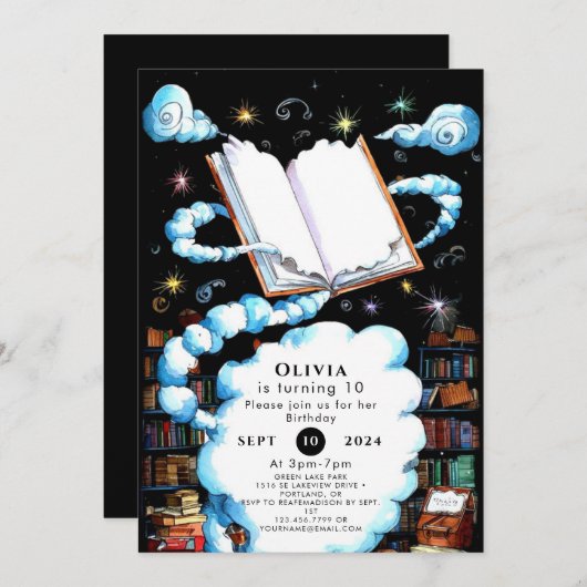 編集可能お洒落魔法ストーリーブック誕生日 招待状 (正面/裏面)