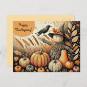 編集可能かかしカラスとカボチャ感謝祭 ポストカード (正面/裏面)