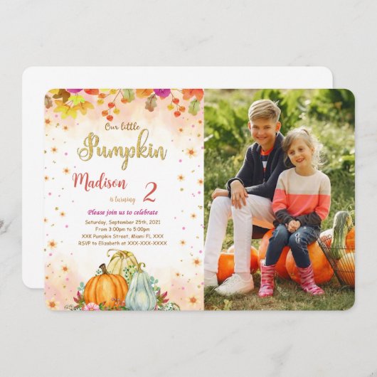 編集可能かぼちゃ誕生日フォト招待状 招待状 (正面/裏面)