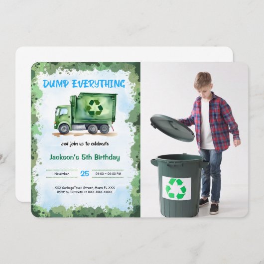 編集可能ごみトラック誕生日パーティーの写真 招待状 (正面/裏面)