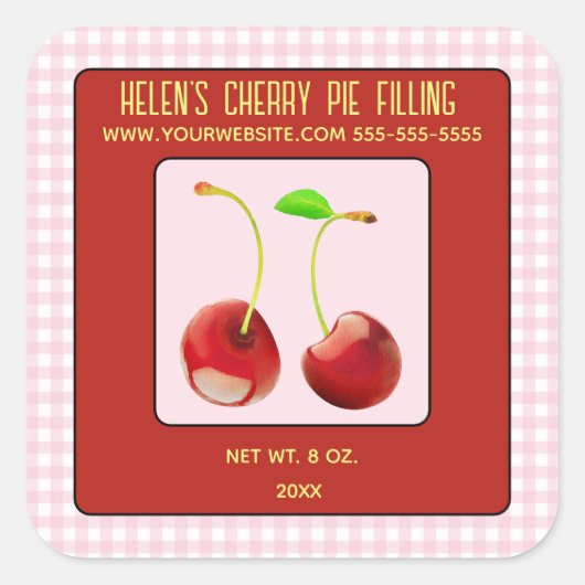 編集可能さくらんぼジャム円の塗りつぶし スクエアシール (正面)