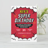 編集可能すごいヒーロー誕生日パーティ招待状 招待状 (スタンド正面)