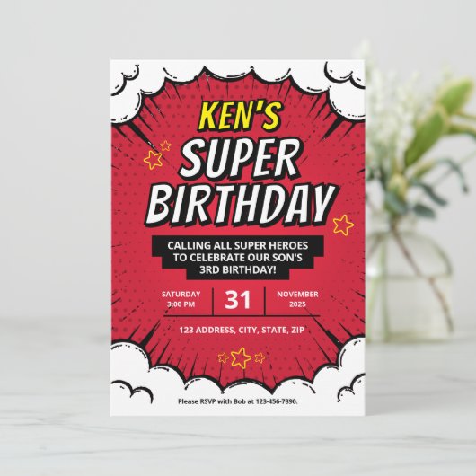 編集可能すごいヒーロー誕生日パーティ招待状 招待状 (スタンド正面)