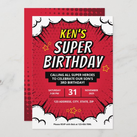 編集可能すごいヒーロー誕生日パーティ招待状 招待状 (正面/裏面)