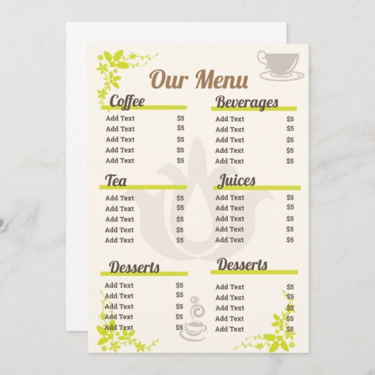 編集可能で完全にカスタマイズ可能な小さなコーヒーメニュー メニュー (正面/裏面)