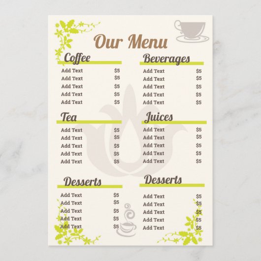 編集可能で完全にカスタマイズ可能な小さなコーヒーメニュー メニュー (正面)