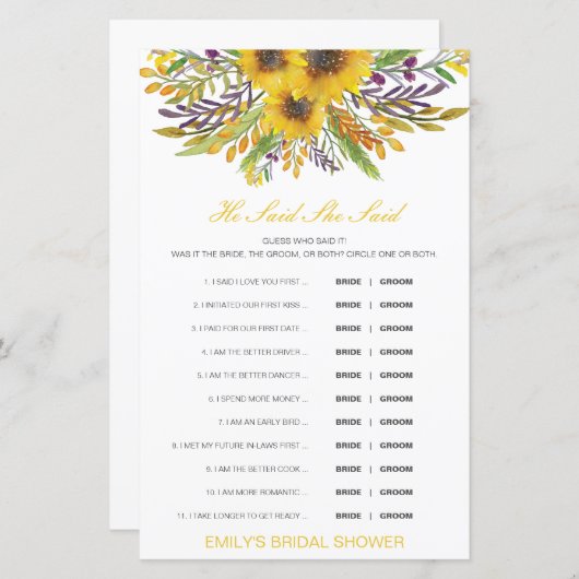 編集可能と彼は彼女が言ったウェディングシャワーゲーム (正面/裏面)