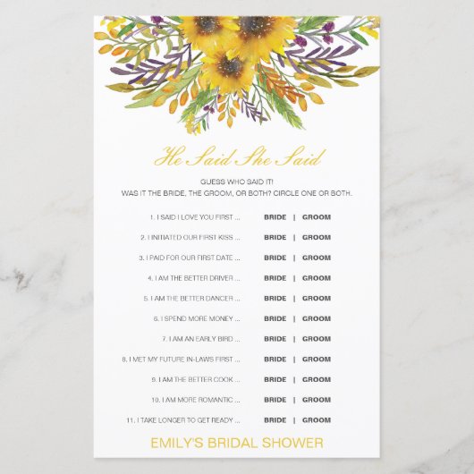 編集可能と彼は彼女が言ったウェディングシャワーゲーム (正面)