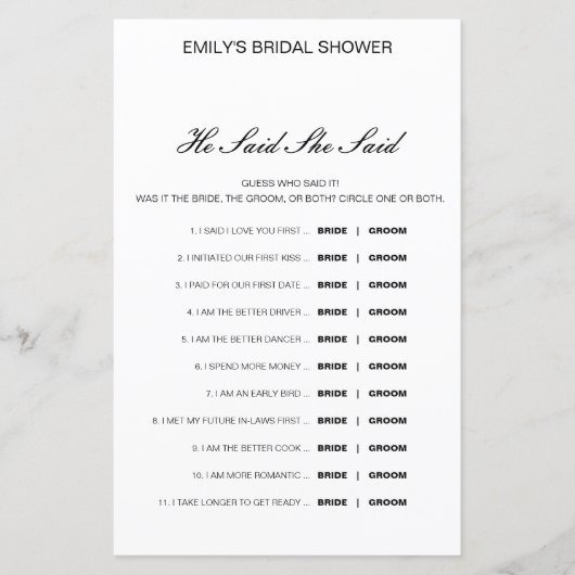編集可能と彼は彼女が言ったウェディングシャワーゲーム (正面)