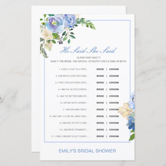 編集可能と彼は彼女が言ったウェディングシャワーゲーム (正面/裏面)
