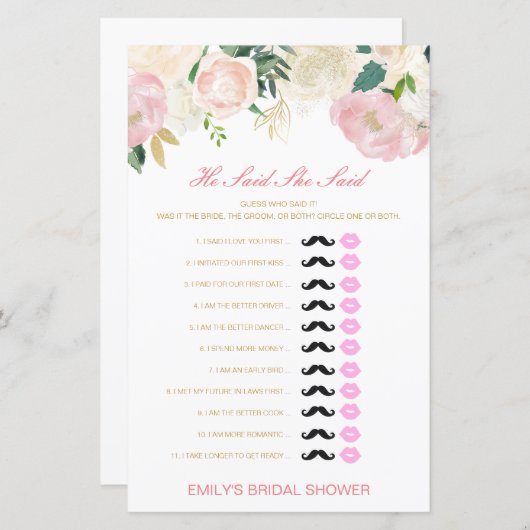 編集可能と彼は彼女が言ったウェディングシャワーゲーム (正面/裏面)