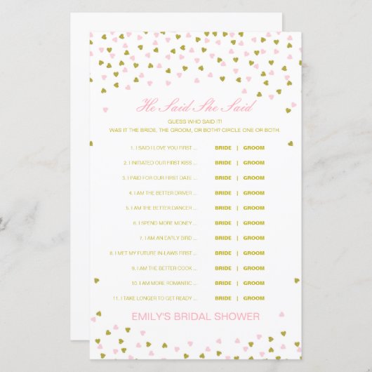編集可能と彼は彼女が言ったウェディングシャワーゲーム (正面/裏面)