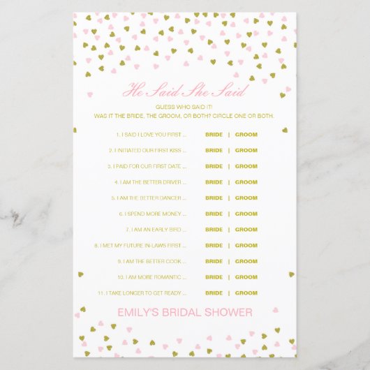 編集可能と彼は彼女が言ったウェディングシャワーゲーム (正面)