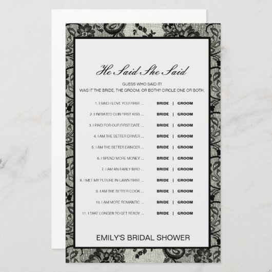 編集可能と彼は彼女が言ったウェディングシャワーゲーム (正面/裏面)