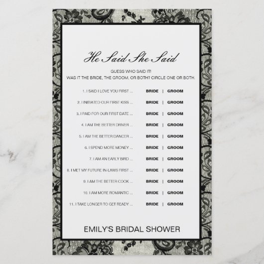 編集可能と彼は彼女が言ったウェディングシャワーゲーム (正面)