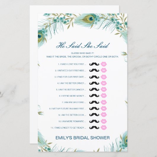 編集可能と彼は彼女が言ったウェディングシャワーゲーム (正面/裏面)