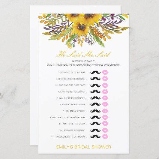 編集可能と彼は彼女が言ったウェディングシャワーゲーム (正面/裏面)
