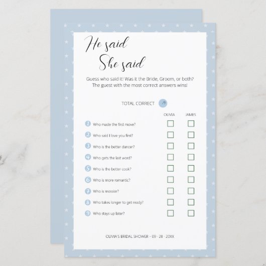 編集可能と彼は彼女はウェディングシャワーゲームを言った、 (正面/裏面)