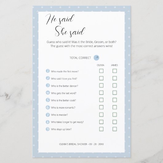 編集可能と彼は彼女はウェディングシャワーゲームを言った、 (正面)