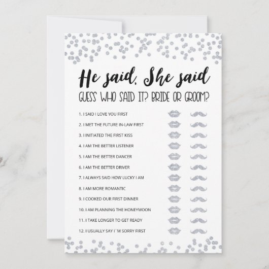 編集可能と彼は、彼女はブライダルシャワーゲームカードと言った 招待状 (正面)