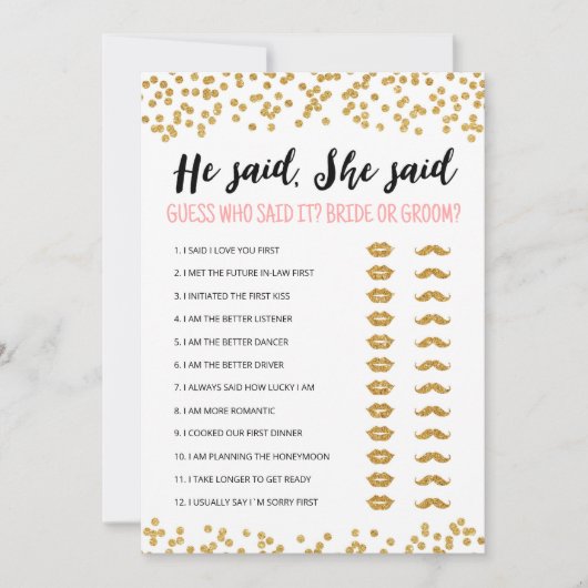 編集可能と彼は、彼女はブライダルシャワーゲームカードと言った 招待状 (正面)