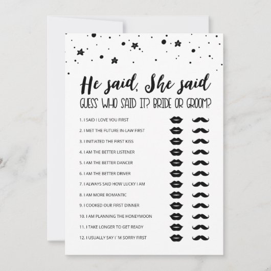 編集可能と彼は、彼女はブライダルシャワーゲームカードと言った 招待状 (正面)