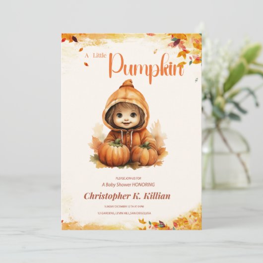 編集可能なかぼちゃ赤ちゃんシャワー招待状、 招待状 (スタンド正面)